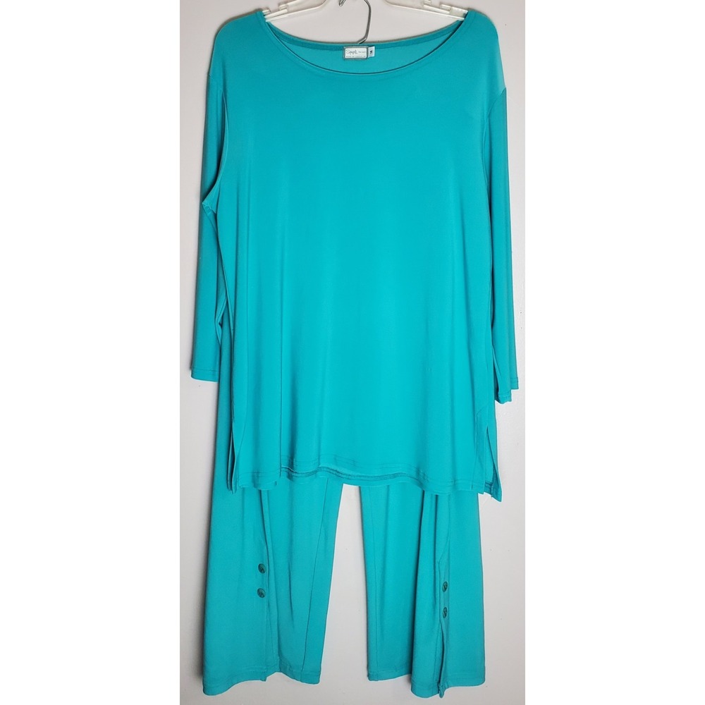 Sympli Two‎ 2 Piece Set Wide Leg 14 Cropped Stretch Turquoise Lagenlook Casual